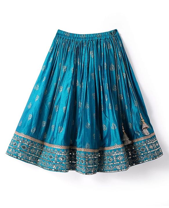 Babyhug Woven Sleeveless Sequecned Embroidered  Choli Lehenga Set with Dupatta & Tassel Detailing - Teal Blue