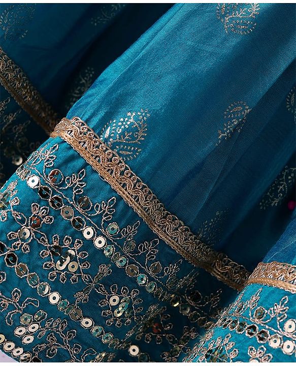 Babyhug Woven Sleeveless Sequecned Embroidered  Choli Lehenga Set with Dupatta & Tassel Detailing - Teal Blue