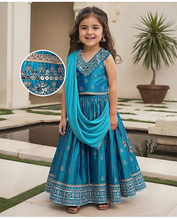 Babyhug Woven Sleeveless Sequecned Embroidered  Choli Lehenga Set with Dupatta & Tassel Detailing - Teal Blue
