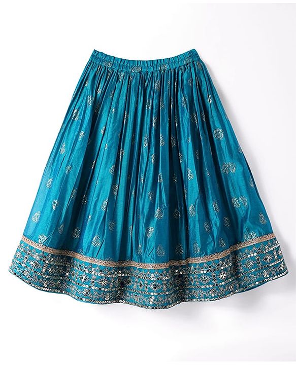 Babyhug Woven Sleeveless Sequecned Embroidered  Choli Lehenga Set with Dupatta & Tassel Detailing - Teal Blue
