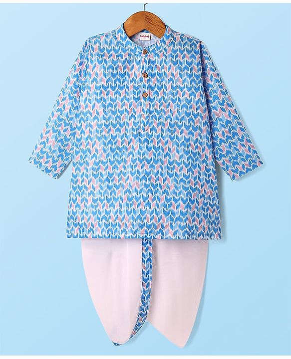 Babyhug Cotton Woven Full Sleeves Cambric Printed Dhoti Kurta Set - Light Blue