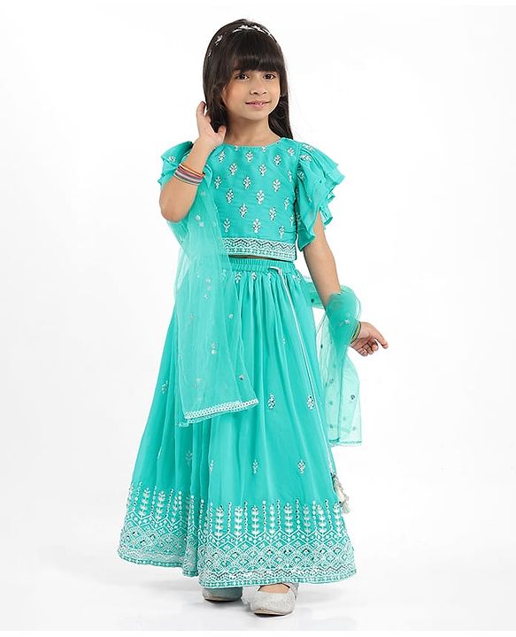Babyhug Woven Half Frill Sleeves Floral Embroidered Choli Lehenga Set with Dupatta & Sequin Detailing - Aqua Blue