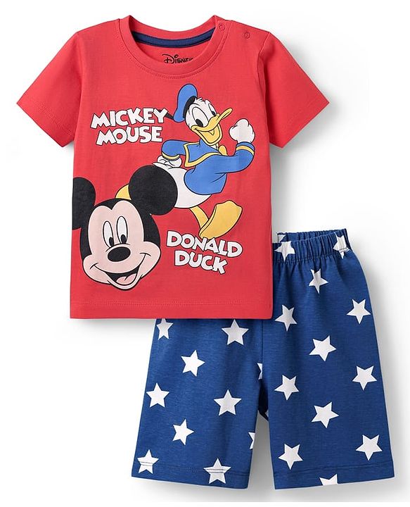 Babyhug Disney Single Jersey Knit Half Sleeves Shorts Nightsuit With Mickey & Friends Graphic - Red & Navy Blue