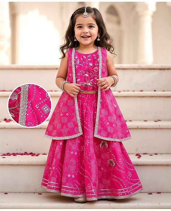 Babyhug Woven Sleeveless Ethnic Motif Printed & Floral Embroidered Choli Lehenga Set with Long Jacket & Lace Detailing - Fuchsia