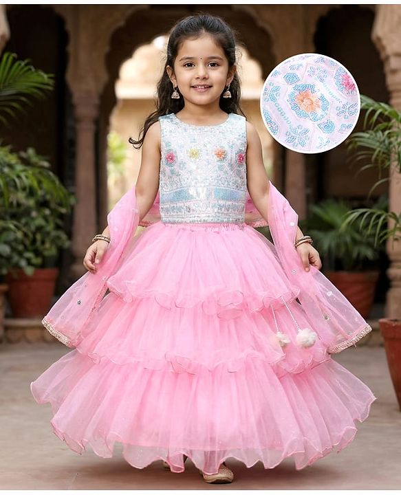 Babyhug  Sleeveless Net Embroidered Lehenga Choli and Dupatta Set- Pink main image 0