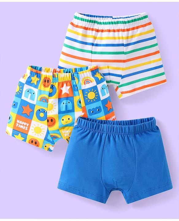 Babyhug 100% Cotton Knit Trunks with Smiley Print & Stripes Pack of 3 - Multicolor