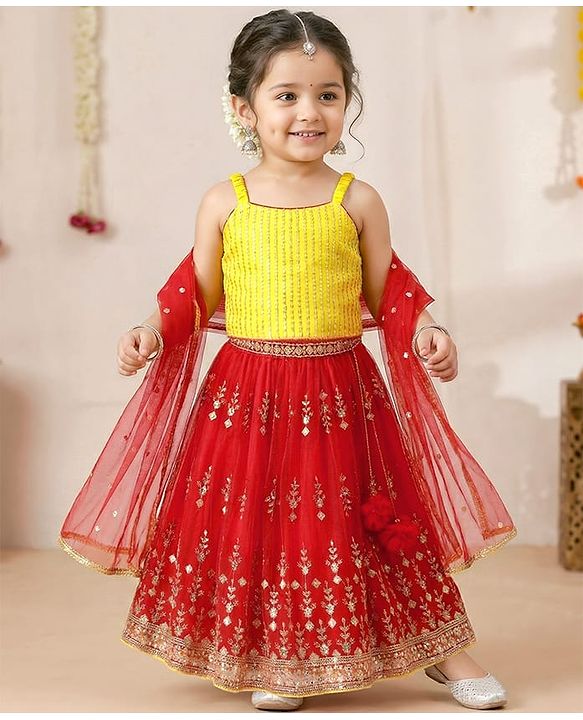 Babyhug Woven Sleeveless Net Sequinned Choli Lehenga Set with Dupatta - Red & Yellow