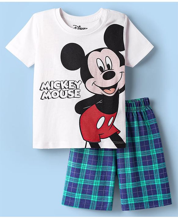Babyhug Disney Single Jersey Knit Half Sleeves Shorts Night Suit With Mickey & Friends  Graphic - White & Blue