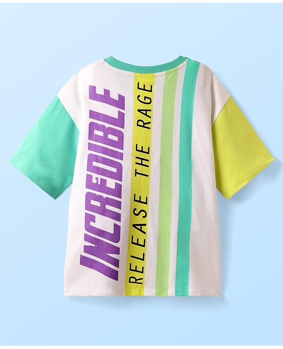 Pine Kids Marvel Terry Knit Half Sleeves Oversized And Drop Shoulder T-Shirt With Front And Back Hulk Graphics - White