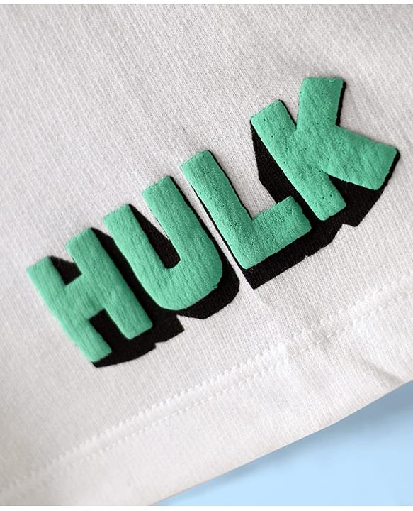 Pine Kids Marvel Terry Knit Half Sleeves Oversized And Drop Shoulder T-Shirt With Front And Back Hulk Graphics - White