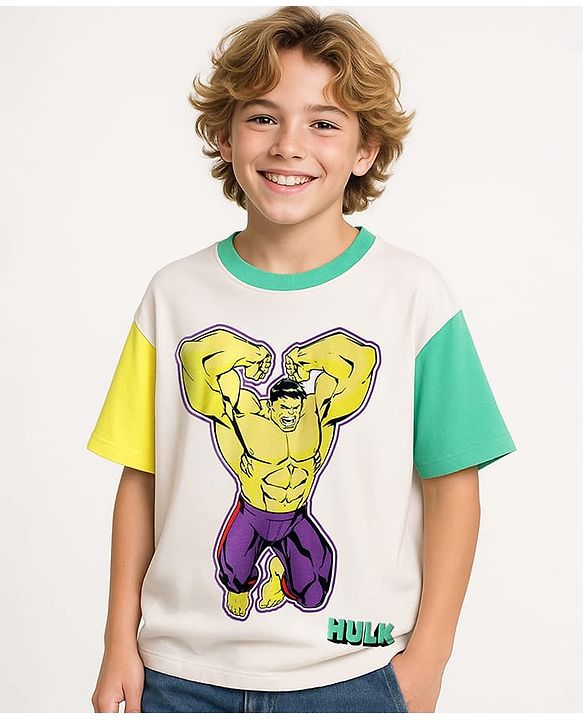 Pine Kids Marvel Terry Knit Half Sleeves Oversized And Drop Shoulder T-Shirt With Front And Back Hulk Graphics - White