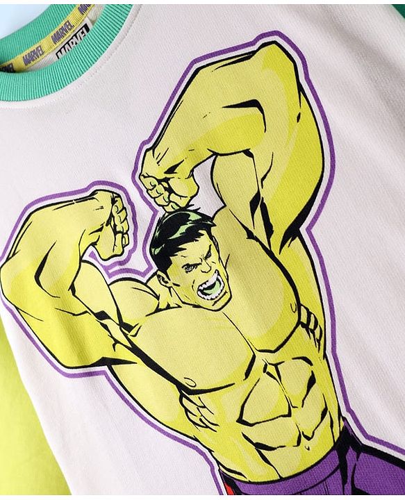 Pine Kids Marvel Terry Knit Half Sleeves Oversized And Drop Shoulder T-Shirt With Front And Back Hulk Graphics - White