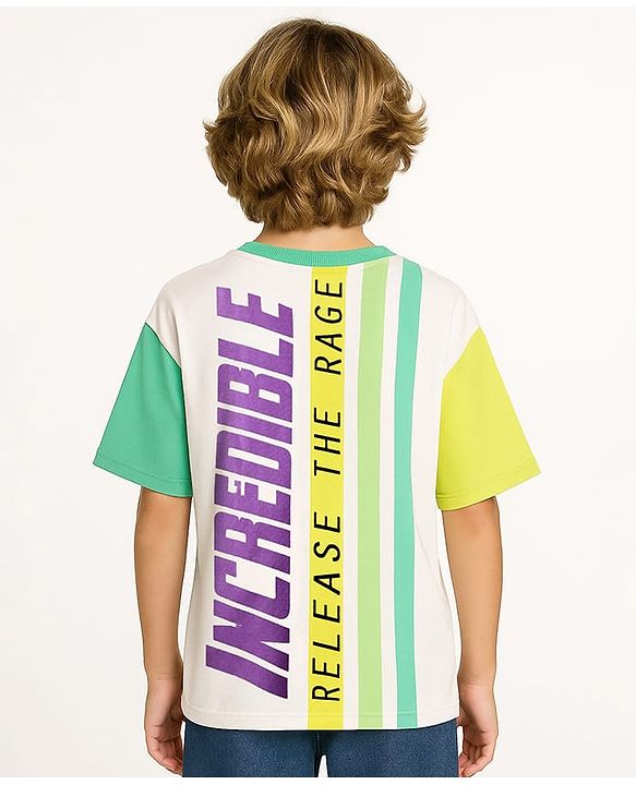 Pine Kids Marvel Terry Knit Half Sleeves Oversized And Drop Shoulder T-Shirt With Front And Back Hulk Graphics - White