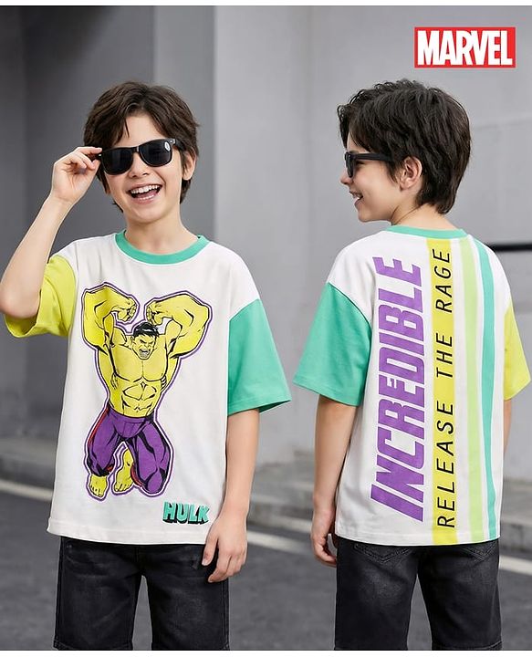 Pine Kids Marvel Terry Knit Half Sleeves Oversized And Drop Shoulder T-Shirt With Front And Back Hulk Graphics - White