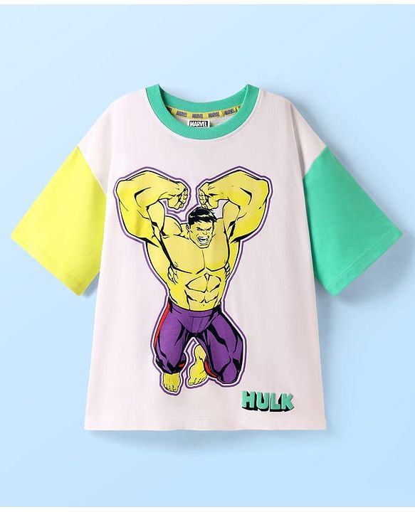 Pine Kids Marvel Terry Knit Half Sleeves Oversized And Drop Shoulder T-Shirt With Front And Back Hulk Graphics - White