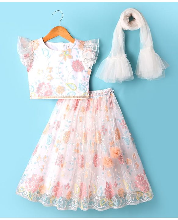 Babyhug Woven Frill Sleeves Sequenced Embroidered Lehenga Choli Set And Dupatta With Floral Print - White