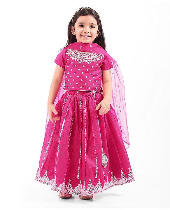Babyhug Woven Sleeveless Choli & Lehenga with Dupatta Floral Thread Work & Sequin Detailing - Light Green & Pink main image 0