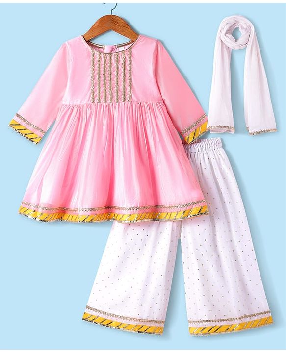 Babyhug Woven Three Fourth Sleeves Chanderi Embroidered Kurti Palazzo Set With Dupatta - Pink