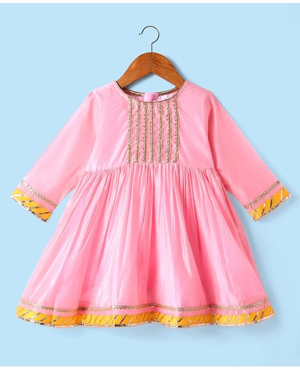 Babyhug Woven Three Fourth Sleeves Chanderi Embroidered Kurti Palazzo Set With Dupatta - Pink
