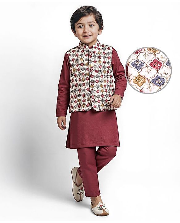 Babyhug Woven Full Sleeves Kurta Pyjama Set with Embroiderd Jacket - Maroon