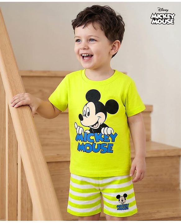 Babyhug Disney Single Jersey Knit Half Sleeves Shorts Night Suit With Mickey Mouse Graphic - White & Limegreen
