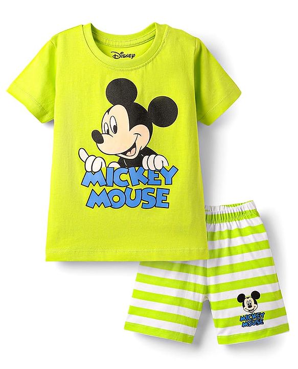 Babyhug Disney Single Jersey Knit Half Sleeves Shorts Night Suit With Mickey Mouse Graphic - White & Limegreen