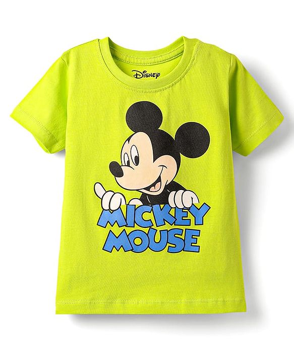 Babyhug Disney Single Jersey Knit Half Sleeves Shorts Night Suit With Mickey Mouse Graphic - White & Limegreen