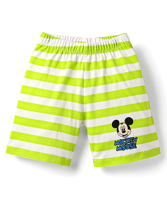 Babyhug Disney Single Jersey Knit Half Sleeves Shorts Night Suit With Mickey Mouse Graphic - White & Limegreen