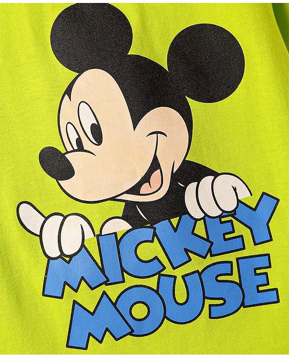 Babyhug Disney Single Jersey Knit Half Sleeves Shorts Night Suit With Mickey Mouse Graphic - White & Limegreen