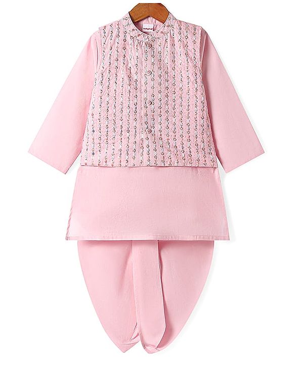 Babyhug Woven Full Sleeves  Solid Dhoti Kurta Set with Sequin Embroidered Jacket - Pink
