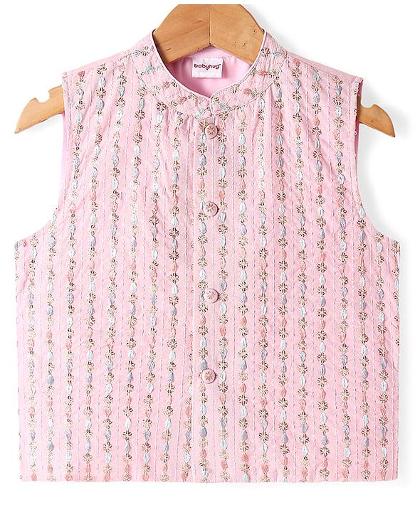 Babyhug Woven Full Sleeves  Solid Dhoti Kurta Set with Sequin Embroidered Jacket - Pink