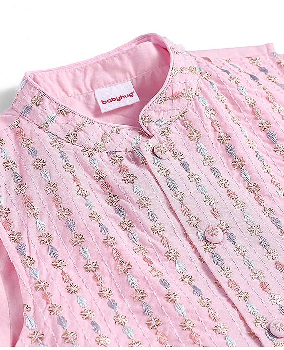 Babyhug Woven Full Sleeves  Solid Dhoti Kurta Set with Sequin Embroidered Jacket - Pink