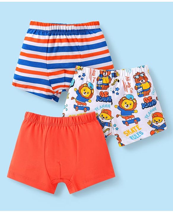 Babyhug 100% Cotton Knit Trunks with Stripes & Lion Print Pack of 3 -  White & Red