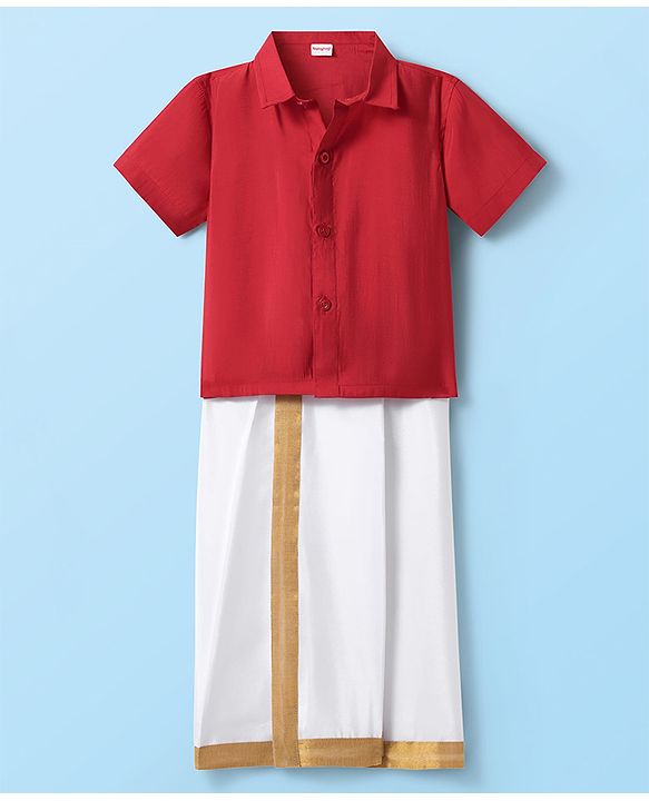 Babyhug Woven Half Sleeves Solid Color Shirt & Mundu Set - Red & White