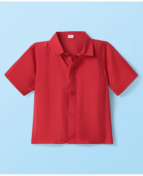 Babyhug Woven Half Sleeves Solid Color Shirt & Mundu Set - Red & White
