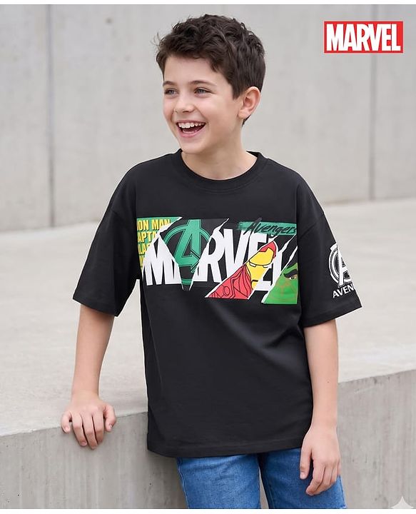 Pine Kids Marvel Terry Knit Half Drop Shoulder Sleeves Oversized T-Shirt with Avengers Graphics - Black