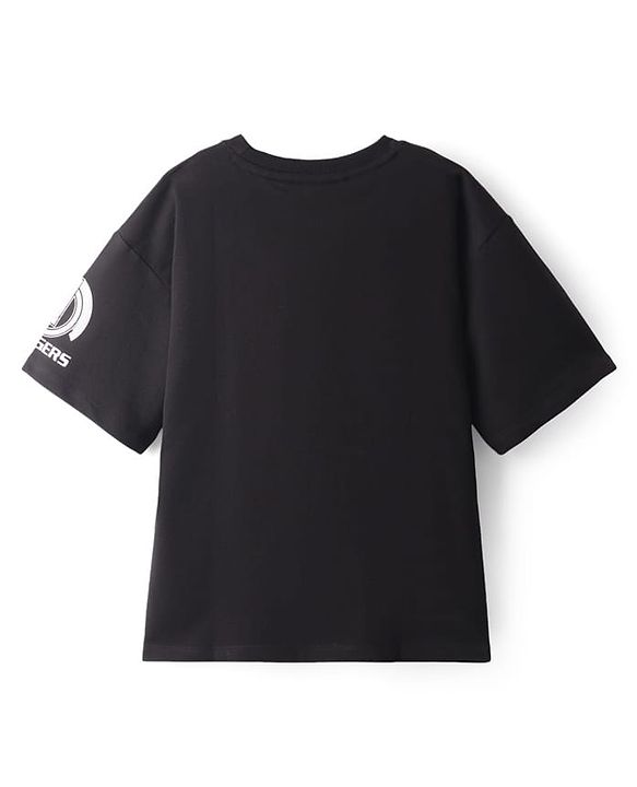Pine Kids Marvel Terry Knit Half Drop Shoulder Sleeves Oversized T-Shirt with Avengers Graphics - Black
