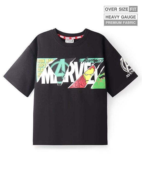 Pine Kids Marvel Terry Knit Half Drop Shoulder Sleeves Oversized T-Shirt with Avengers Graphics - Black