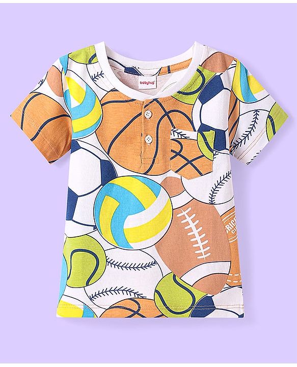 Babyhug Cotton Knit Half Sleeves Henley Neck T-Shirt With Sport Ball Print - White