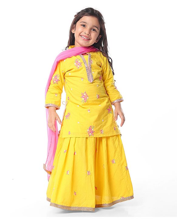Babyhug Woven Three Fourth Sleeves Chanderi Embroidered Long Choli With Lehenga And Dupatta Set With Floral Embroidery - Yellow