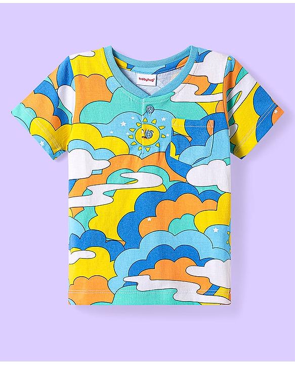 Babyhug Cotton Knit Half Sleeves Henley Neck T-Shirt with Cloud Print - Multicolor