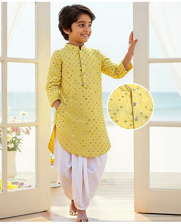 Babyhug Woven Full Sleeves Sequined Embroidered Kurta Dhoti Set - Yellow