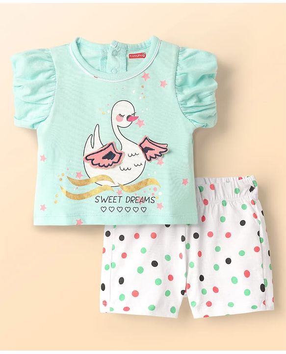 Babyhug Single Jersey Knit Half Sleeves Night Suit With Duck & Polka Dot Print - Mint & White