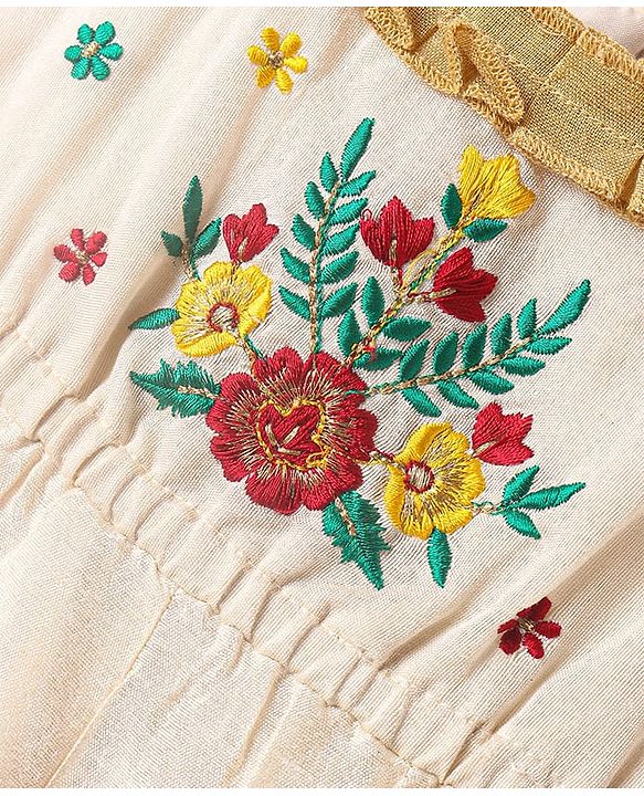 Babyhug South Cotton Woven Frill Sleeves Ethnic Dress with Floral Embroidery - Off White