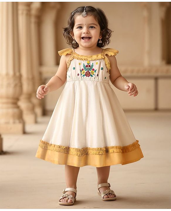 Babyhug South Cotton Woven Frill Sleeves Ethnic Dress with Floral Embroidery - Off White