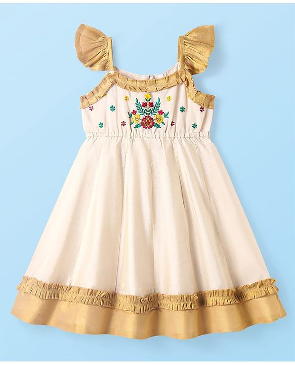 Babyhug South Cotton Woven Frill Sleeves Ethnic Dress with Floral Embroidery - Off White