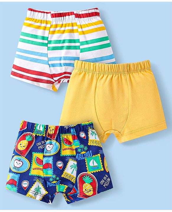 Babyhug 100% Cotton Knit Antibacterial Trunks With Stripes & Beach Theme Print Pack Of 3 - Navy Blue & Yellow