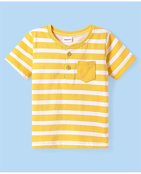 Babyhug Cotton Knit Half Sleeves Henley Neck T-Shirt with Stripes - Yellow