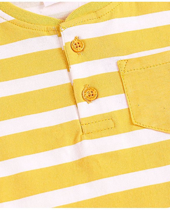 Babyhug Cotton Knit Half Sleeves Henley Neck T-Shirt with Stripes - Yellow