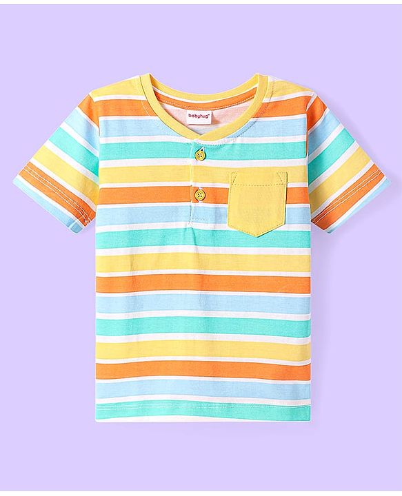 Babyhug Cotton Knit Half Sleeves Henley Neck T-Shirt With Stripes & Pocket - Yellow & Orange
